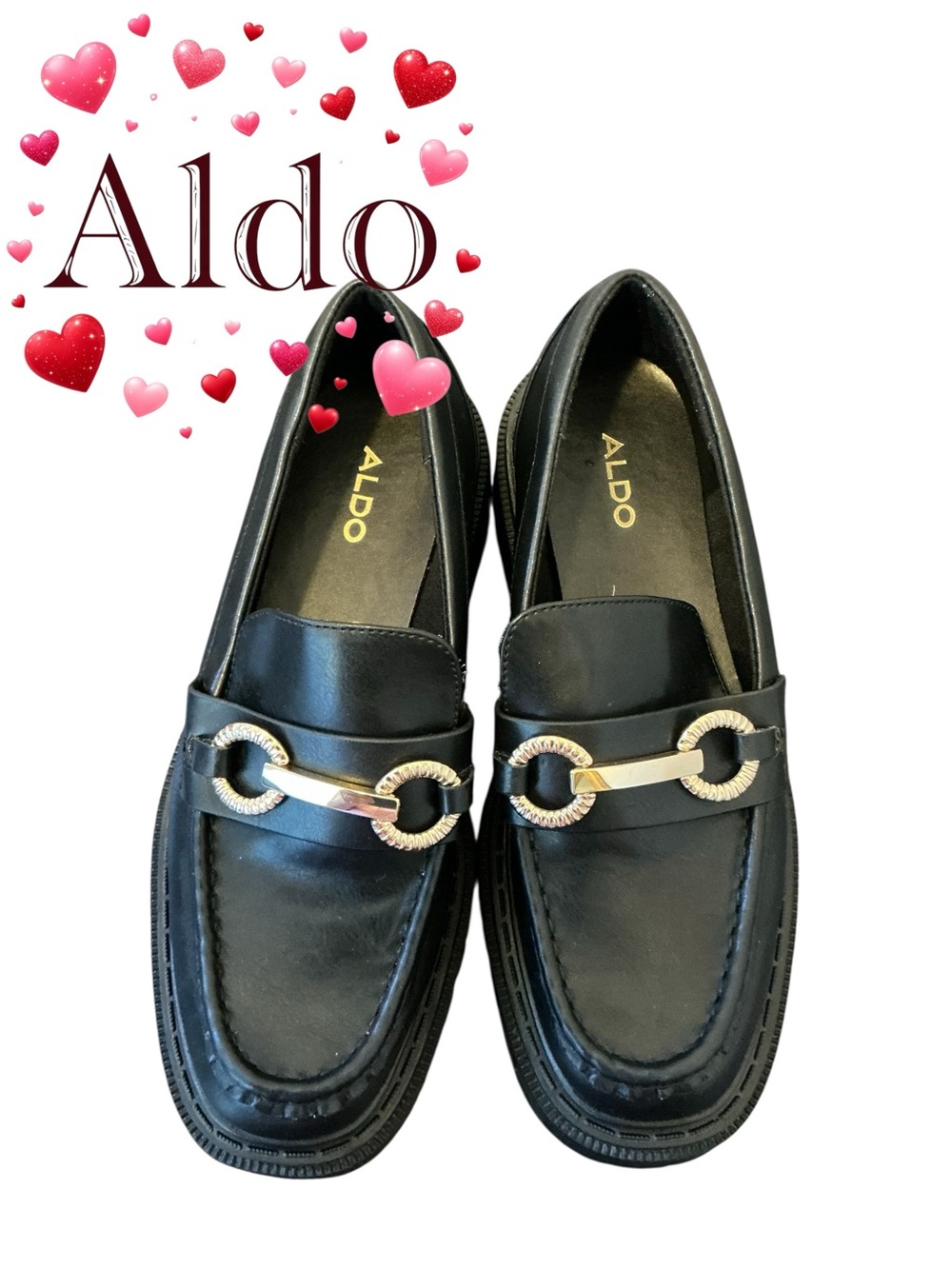 ALDO Black Leather Loafers with Gold Chain Accent